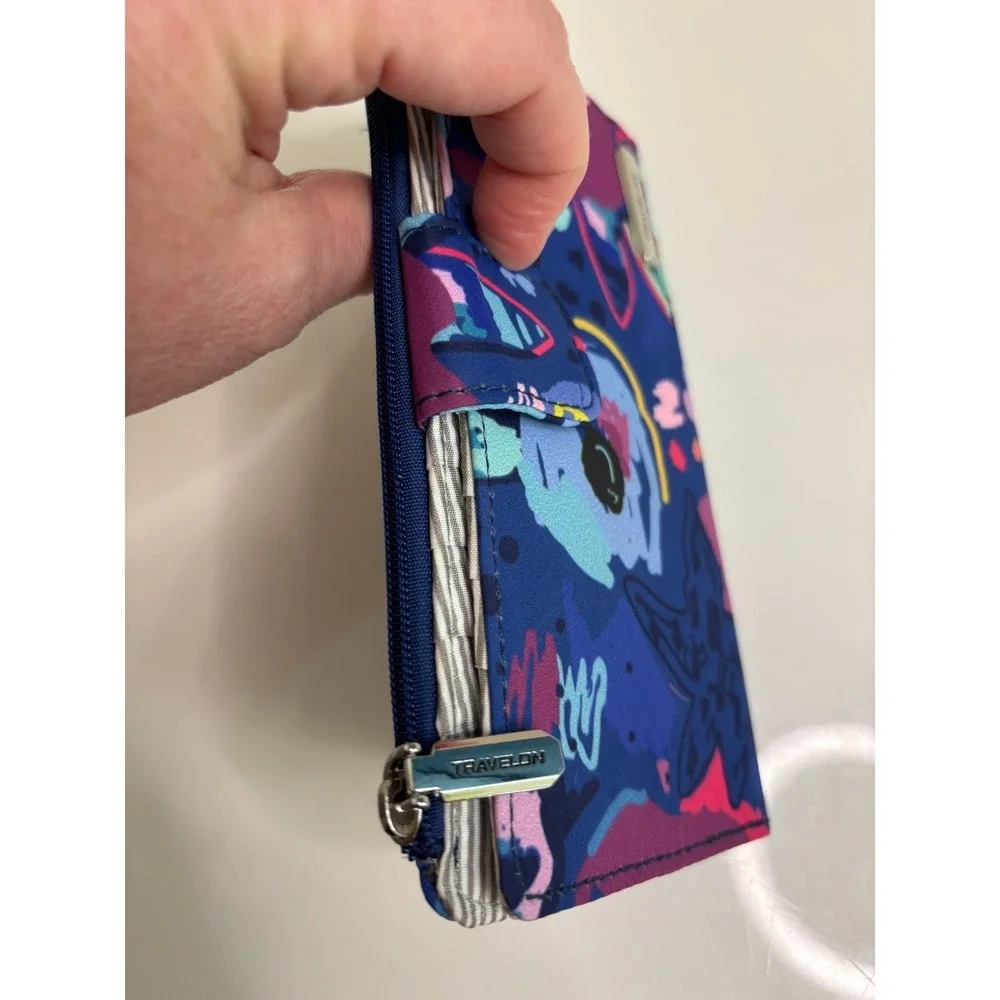 NWOT Travelon RFID Single Zip Wallet Floral Striped Navy Blue Pink Red Thin READ